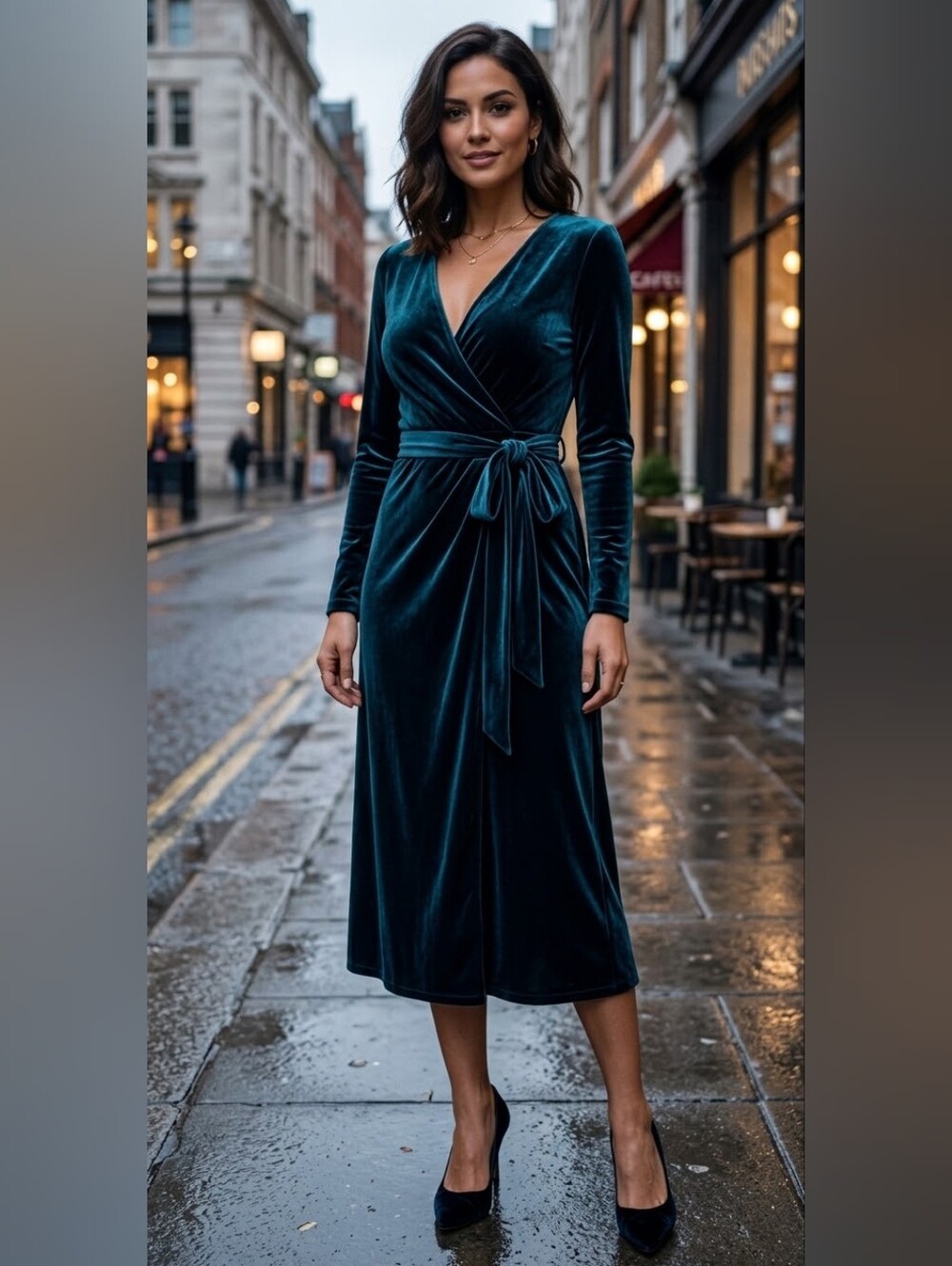 Velvet Wrap Midi Dress - Forest Green